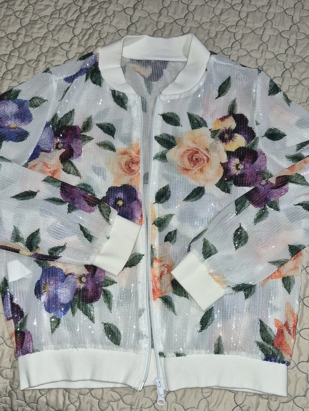 Floral Sequin Bomber Jacket - White with Purple & Peach Flowers